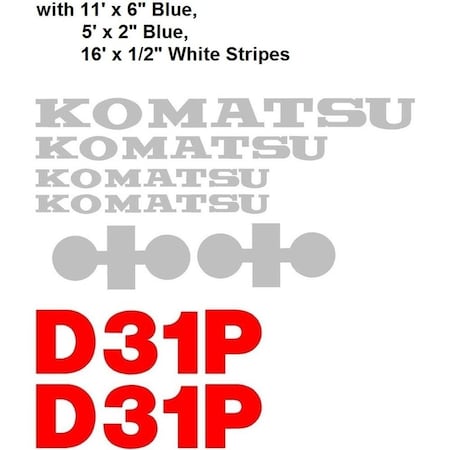 Aftermarket Komatsu  Decal Set for Dozer D31P w/ 1 White Stripe & 2 Blue Stripes KOMD31PWSDECALSET